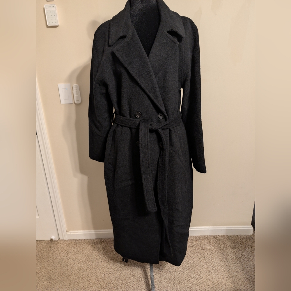NWOT Quince Women's 100% Camel Hair Double Breasted Long Coat Large Black Belted